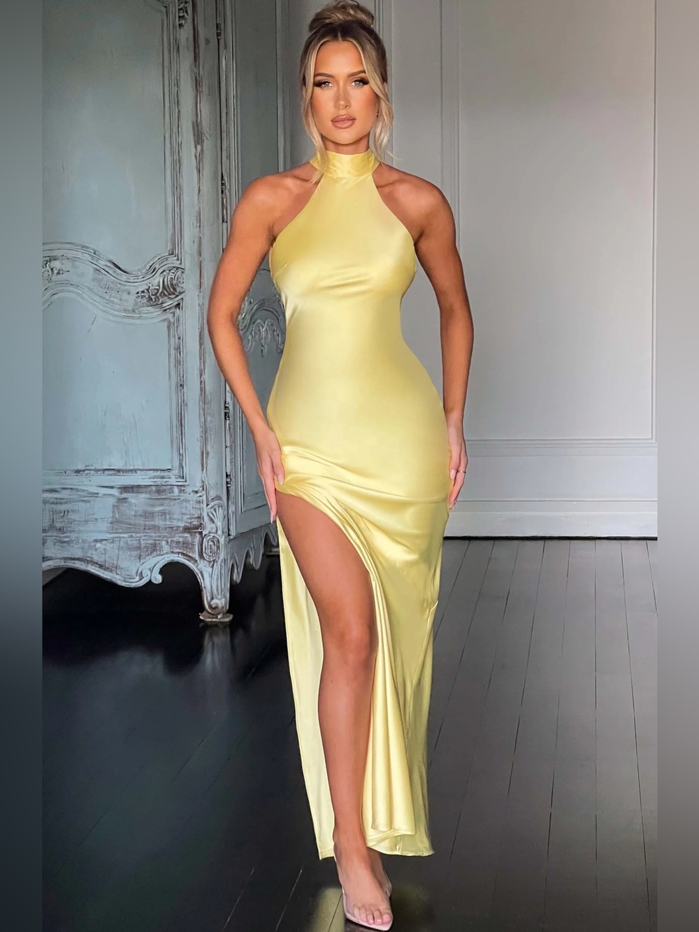 Yellow Halter Backless Satin Maxi Dress - Picture 2 of 3